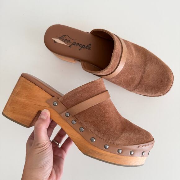 Free People Shoes - Free People Calabasas Clog Platform 40 Brown Suede Wooded Slip On Mule Stud Heel